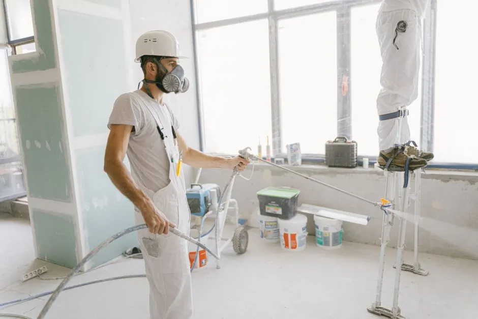 Two construction workers wearing protective gear and painting interior walls for a renovation project.